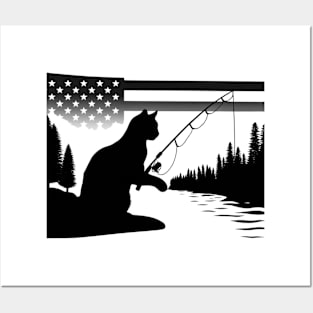 Patriotic American Flag Fishing 4th of July Silhouette Cat Posters and Art